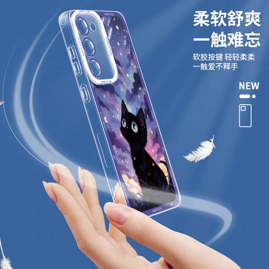 Girlish Fancy Oil Drawing | Black Cat with Moon Night - Phone Case Samsung Galaxy S25 S24 S23 S22 S21 FE Ultra Edge