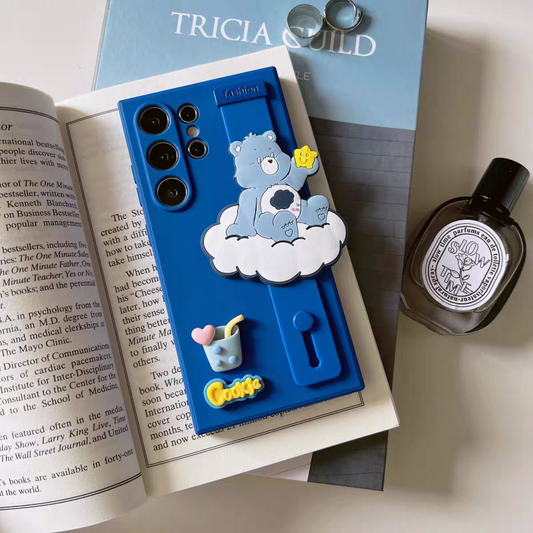 Cute Cartoon Case with Phone Bar Handle and Stand | Blue Angry Bear - Phone Case Samsung Galaxy S25 S24 S23 S22 A16 Ultra KawaiiGiftLand