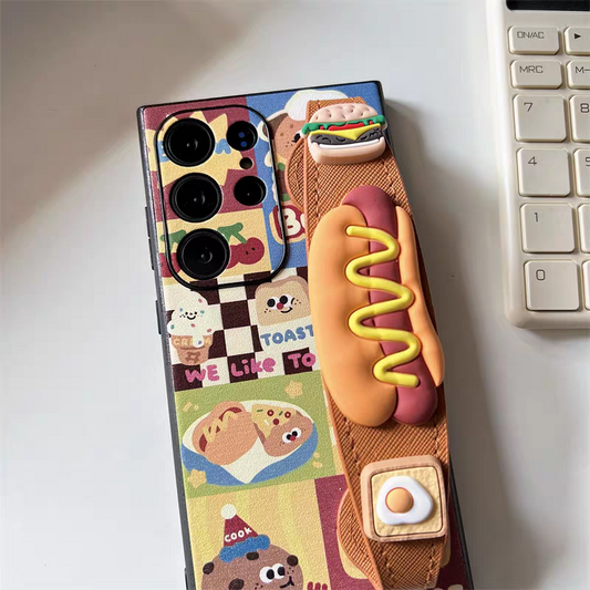 Japan Style | Cute Cheese Hamburger with Phone Bar Handle and Stand - Phone Case Samsung Galaxy S25 S24 S23 S22 S21 Plus Ultra