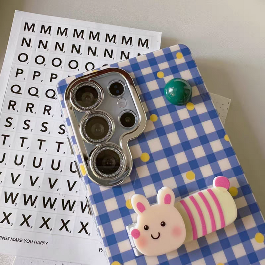 Cute Animal | Blue Checkered with Mouse Phone Stand - Phone Case Samsung Galaxy S25 S24 S23 Plus Ultra KawaiiGiftLand