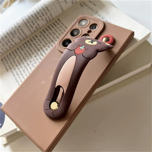 Cute Cartoon Silicone Phone Case with Phone Bar Handle and Stand | Bear with Apple - Phone Case Samsung Galaxy S24 S23 S22 Ultra KawaiiGiftLand