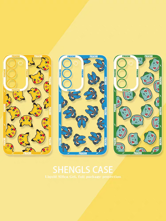 Japan Cartoon Pokemon Full Happy Face Verison | Pikachu Lucario Bulbasaur Gengar Squirtle Snoriax Mew Ditto - Phone Case Samsung Galaxy S26 S25 S24 S23 S22 S21 FE Ultra Edge