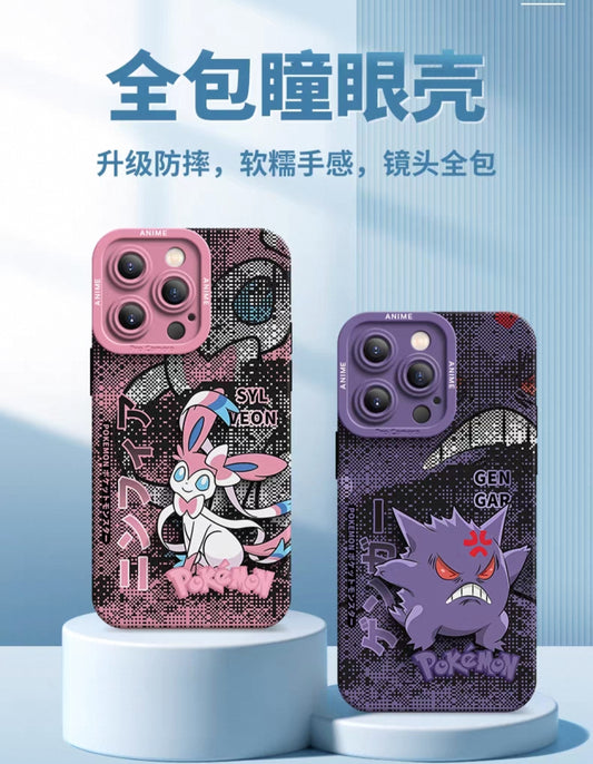 Japanese Cartoon Pokemon Silicone Case Digital Background Version | Charizard Gengar Sylveon Pikachu Mimikyu Greninja Lucario Umbreon - iPhone Case PLUS SE2 XS XR X 11 12 13 14 15 16 16e 17 17e Pro Promax 12mini 13mini