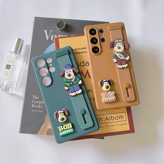 Cute Cartoon Phone Bar Handle and Stand | Funny Dog Brown Green - Phone Case Samsung Galaxy S25 S24 S23 S22 Ultra KawaiiGiftLand