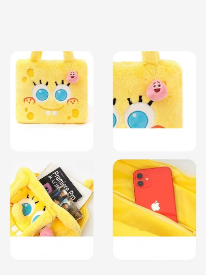 SpongeBob SquarePants Fluffy Big Head Yellow Shoulder Tote Bag KawaiiGiftLand