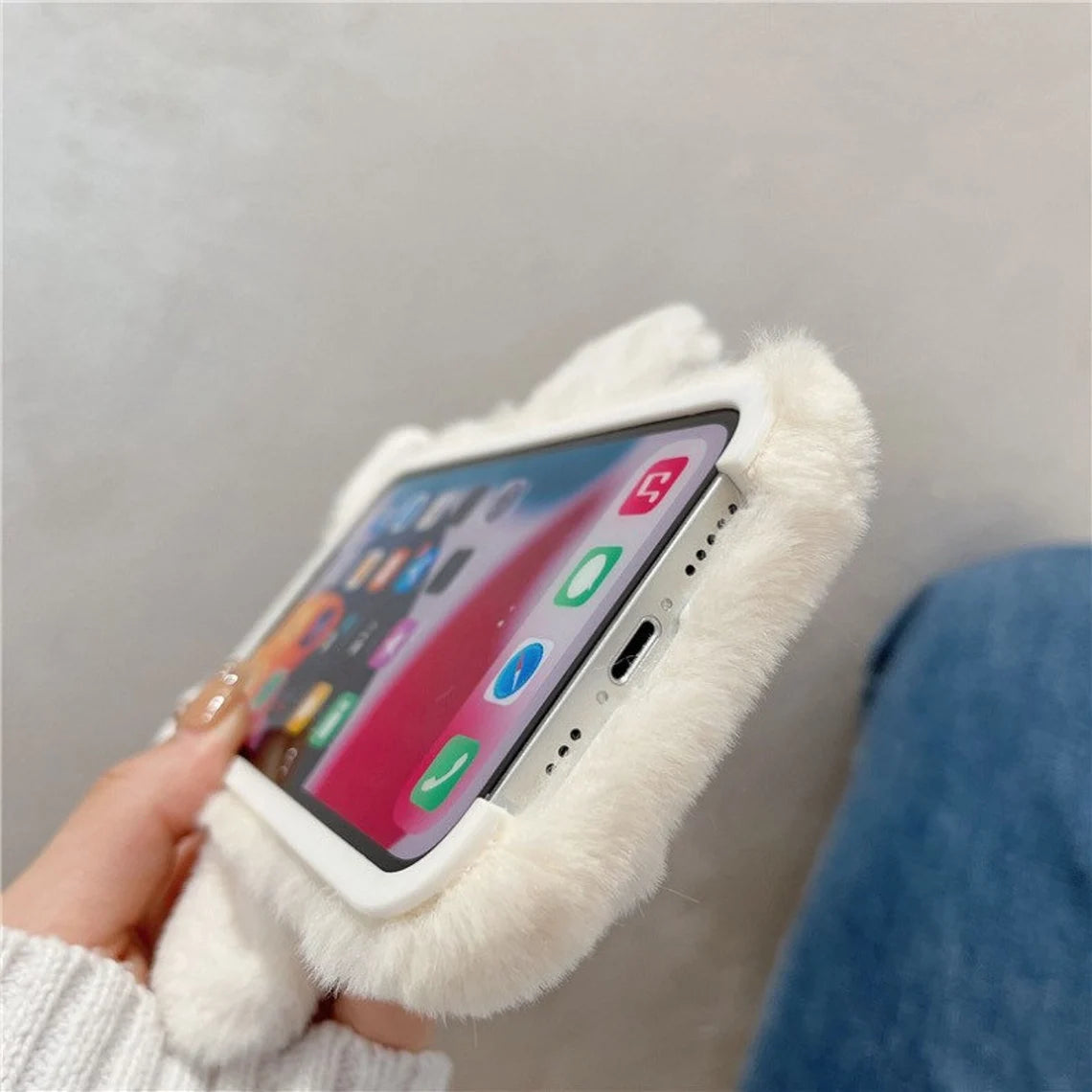 Plush White Bear Fluffy iPhone Case 11 12 13 14 15 Pro Promax KawaiiGiftLand