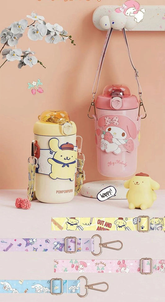 Sanrio My Melody Kuromi Cinnamoroll Pompompurin Shoulder Water Bottle Tumbler with Straw and Strap 316 Stainless Steel Lovely Cup KawaiiGiftLand