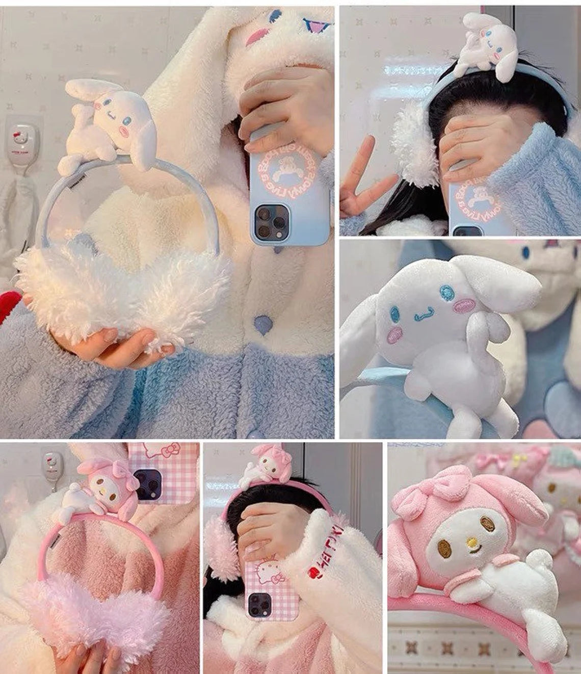 Sanrio My Melody Cinnamoroll Fluffy Earmuffs Headband with Plush Doll Hair Winter Accessory Outfits KawaiiGiftLand