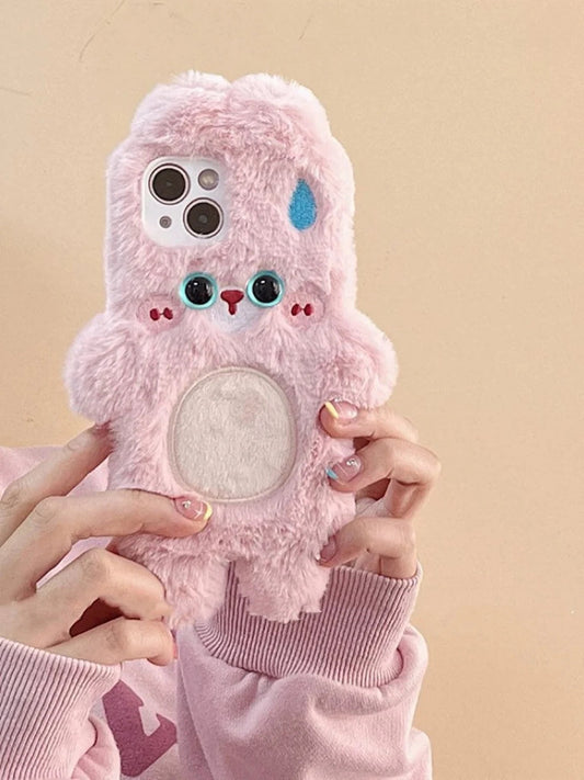 Korea Style Plush Blue Eyes Pink Rabbit Fluffy iPhone Case 11 12 13 14 Pro Promax KawaiiGiftLand