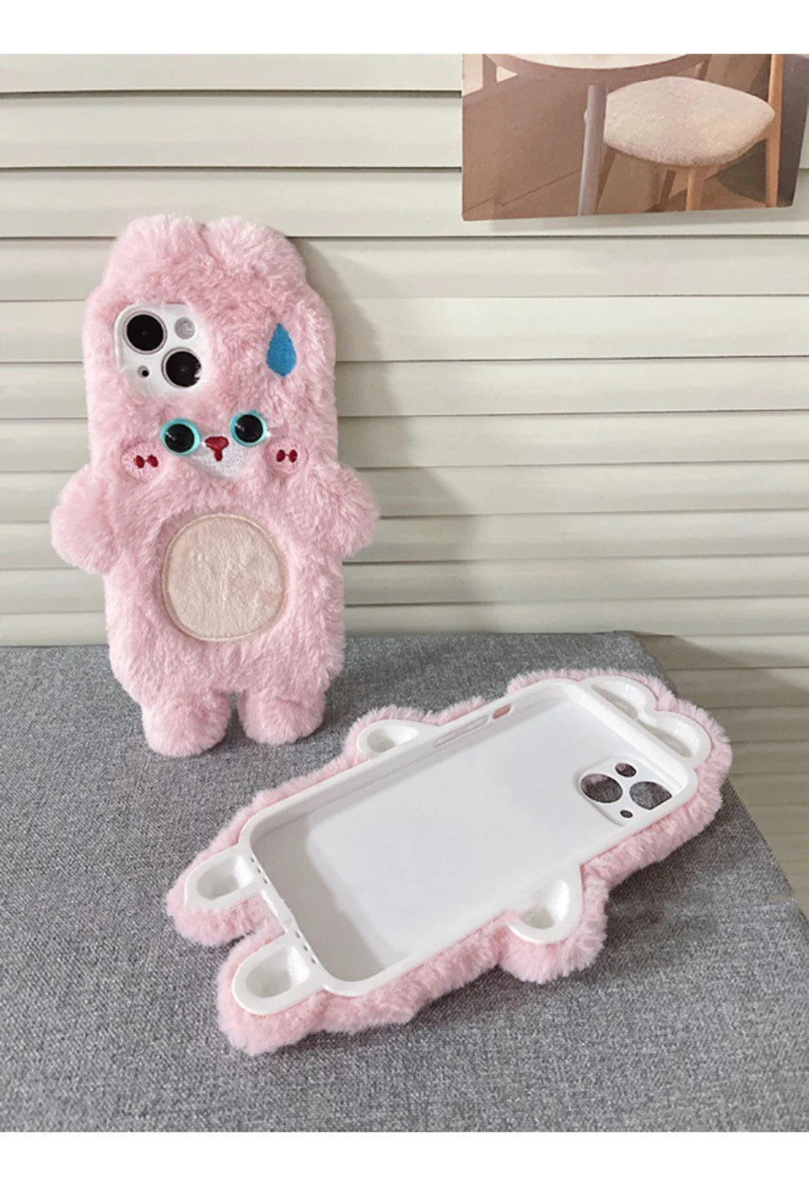 Korea Style Plush Blue Eyes Pink Rabbit Fluffy iPhone Case 11 12 13 14 Pro Promax KawaiiGiftLand