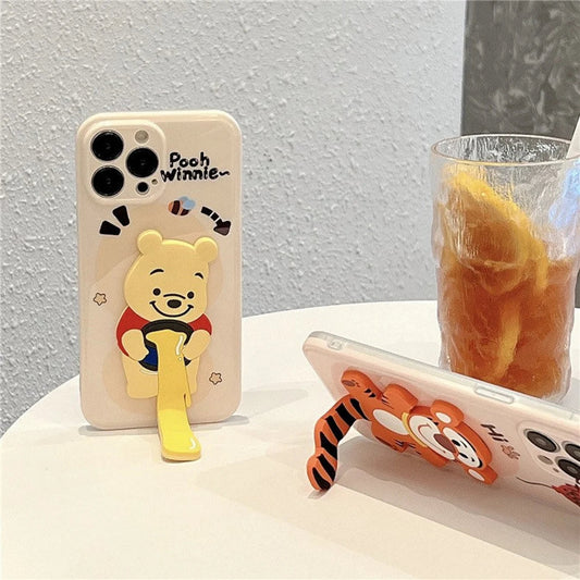Cute Honey Bear Winnie & Tiger with Stand Soft iPhone Case XS XR X 11 12 13 14 Pro Promax KawaiiGiftLand