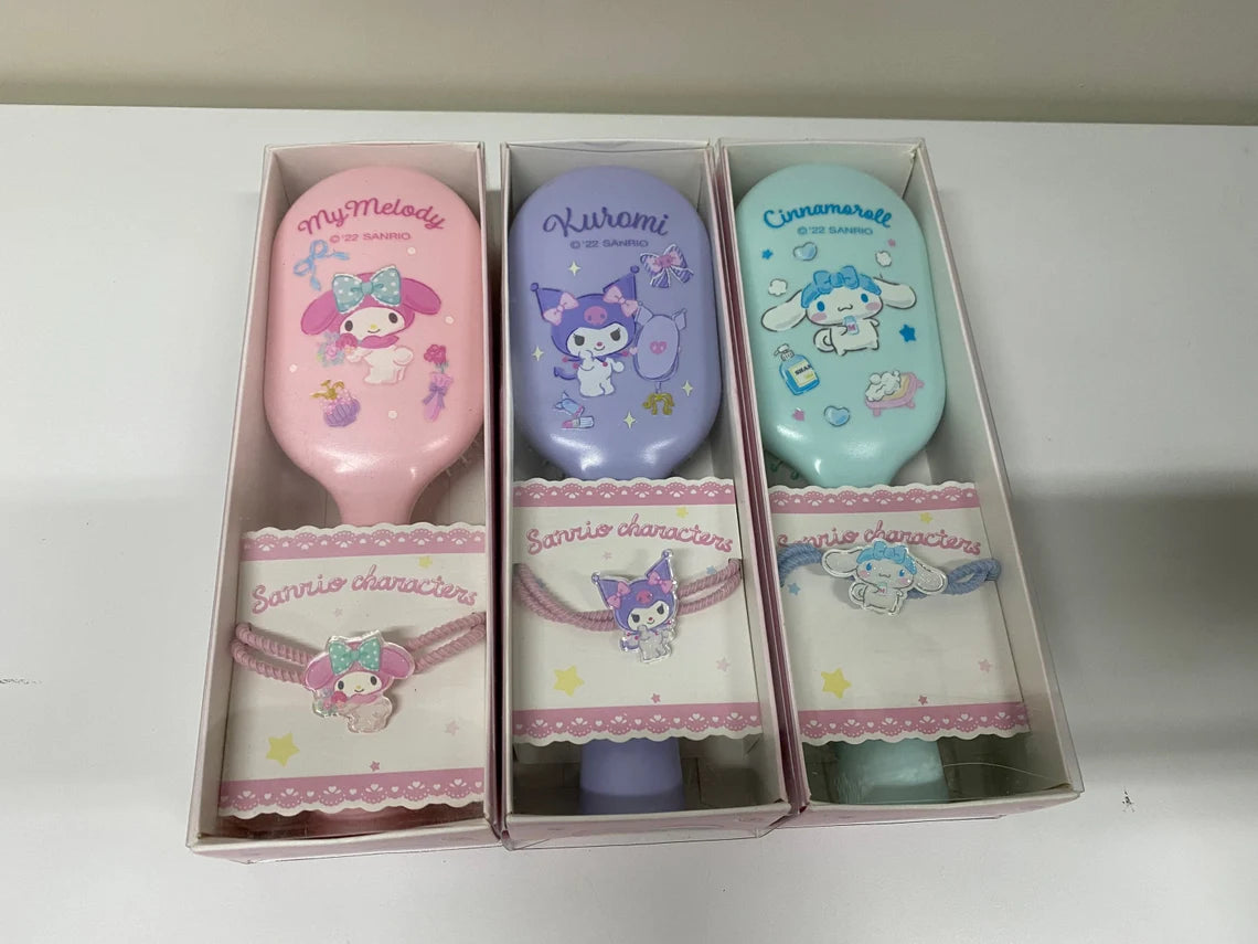 Sanrio Hello Kitty My Melody Kuromi Cinnamoroll Pompompurin Pochacco Paddle Brush Comb with Hair Tie Set KawaiiGiftLand