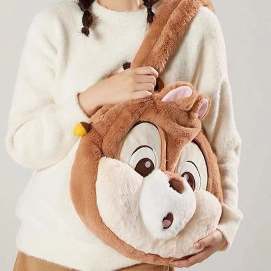 Disney Chip and Dale Fluffy Big Head Brown Shoulder Bag * can put in iPad KawaiiGiftLand