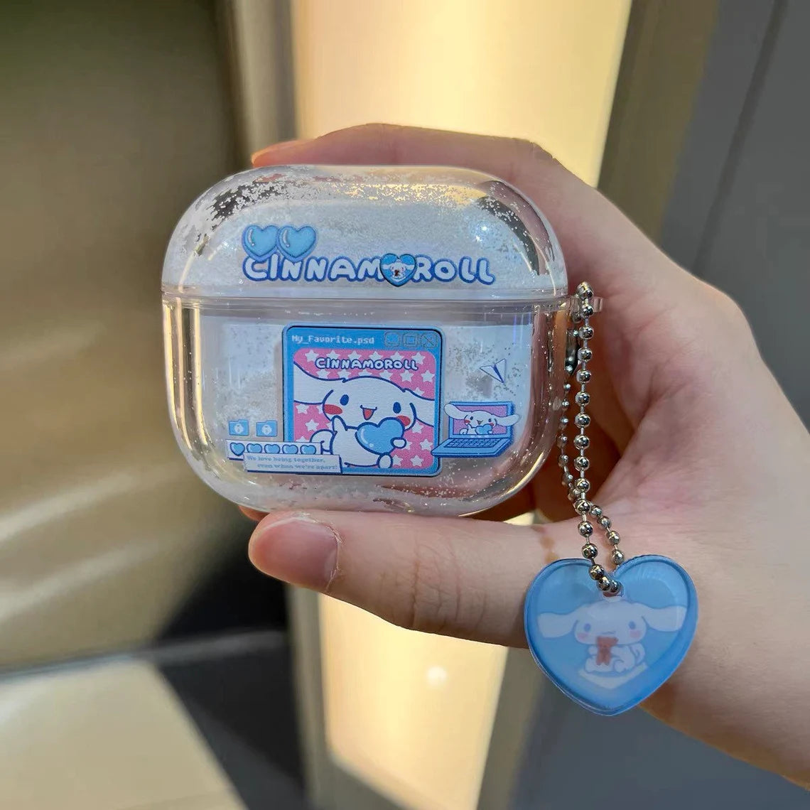 Japanese Cartoon Cinnamoroll with Heart Glitter White Bling Bling AirPods AirPodsPro AirPods3 AirPods4 Case KawaiiGiftLand