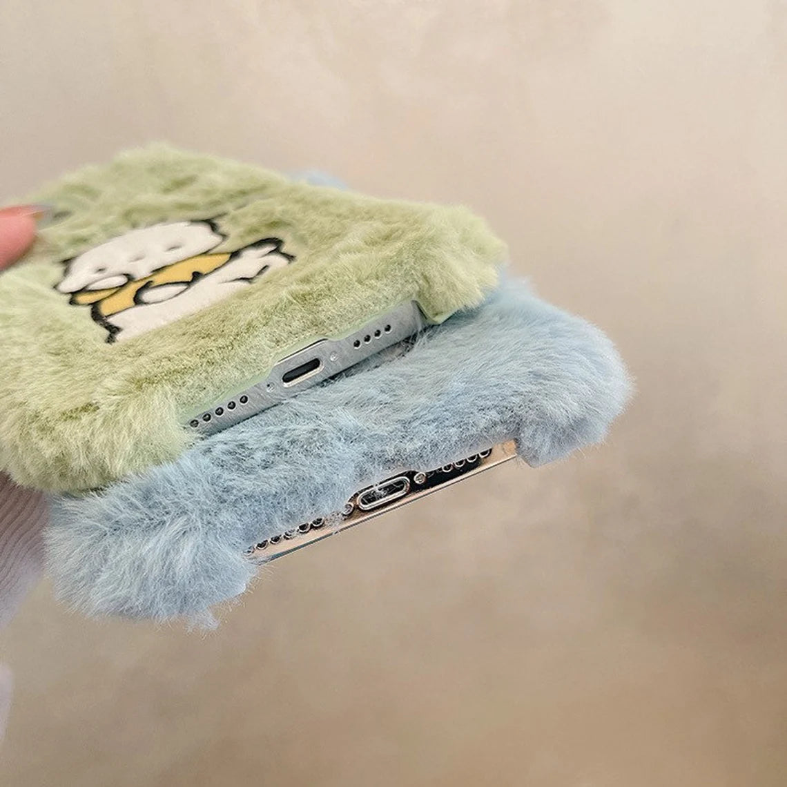 Japanese Cartoon Cute Pochacco Fluffy with Embroidery Blue Green iPhone Case 11 12 13 14 Pro Promax KawaiiGiftLand