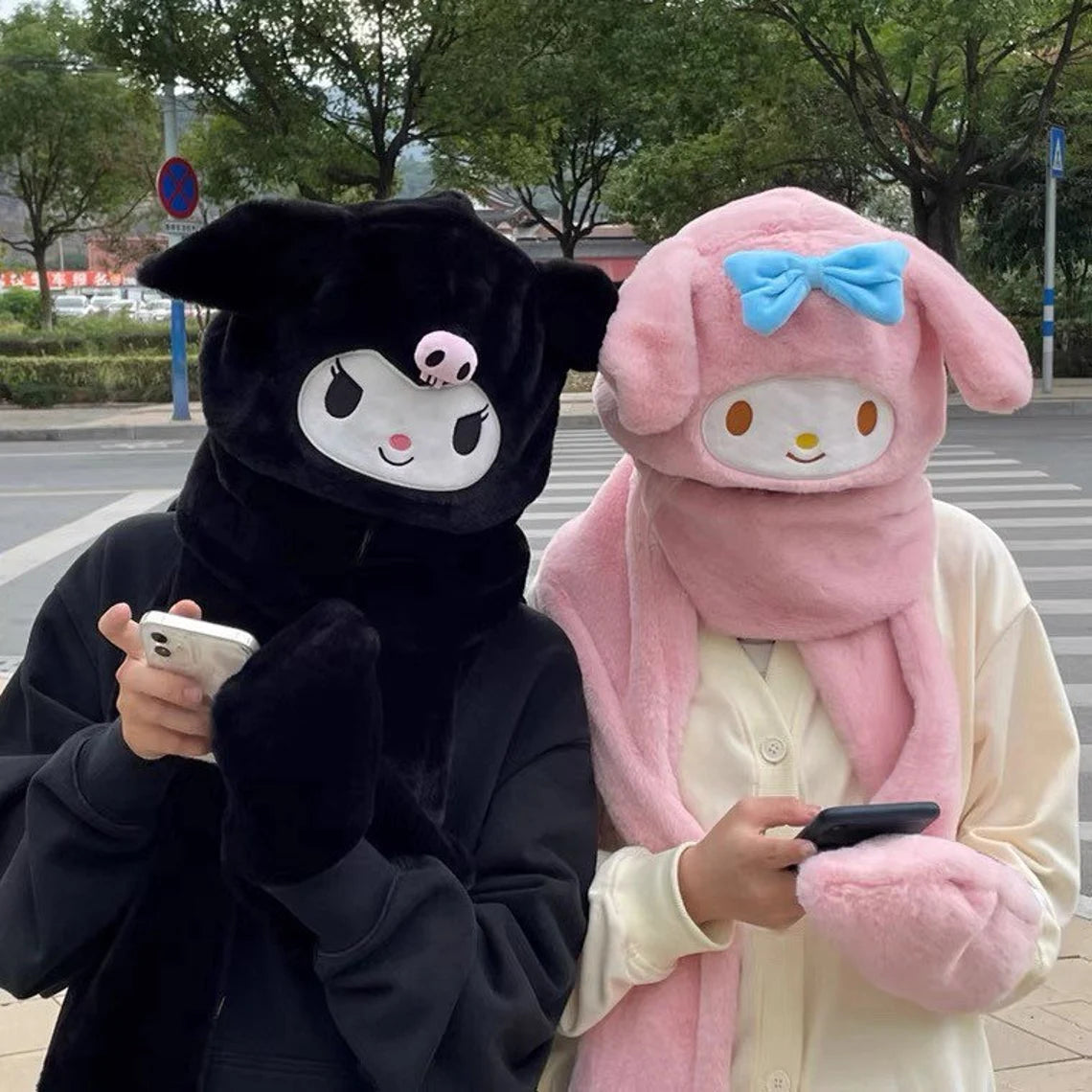 Sanrio My Melody Kuromi Cinnamoroll Hat with Scarf Hat Winter Warm Accessory Outfits KawaiiGiftLand