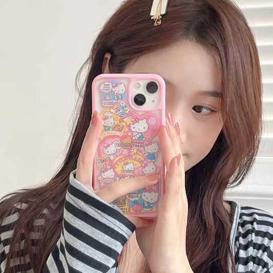 Japanese Cartoon KT Stickers Pink iPhone Case 11 12 13 14 Pro Promax KawaiiGiftLand