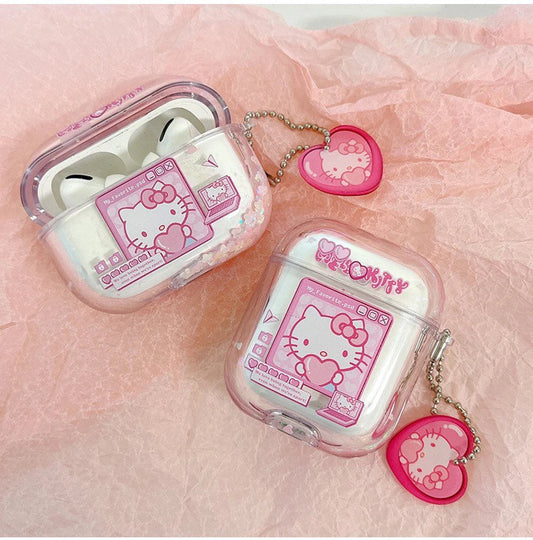 Japanese Cartoon Hello Kitty with Heart Glitter Pink Bling Bling AirPods AirPodsPro AirPods3 AirPods4 Case KawaiiGiftLand
