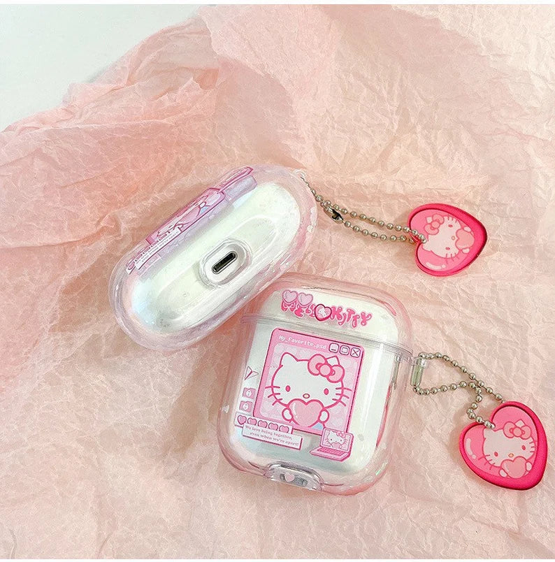 Japanese Cartoon Hello Kitty with Heart Glitter Pink Bling Bling AirPods AirPodsPro AirPods3 AirPods4 Case KawaiiGiftLand