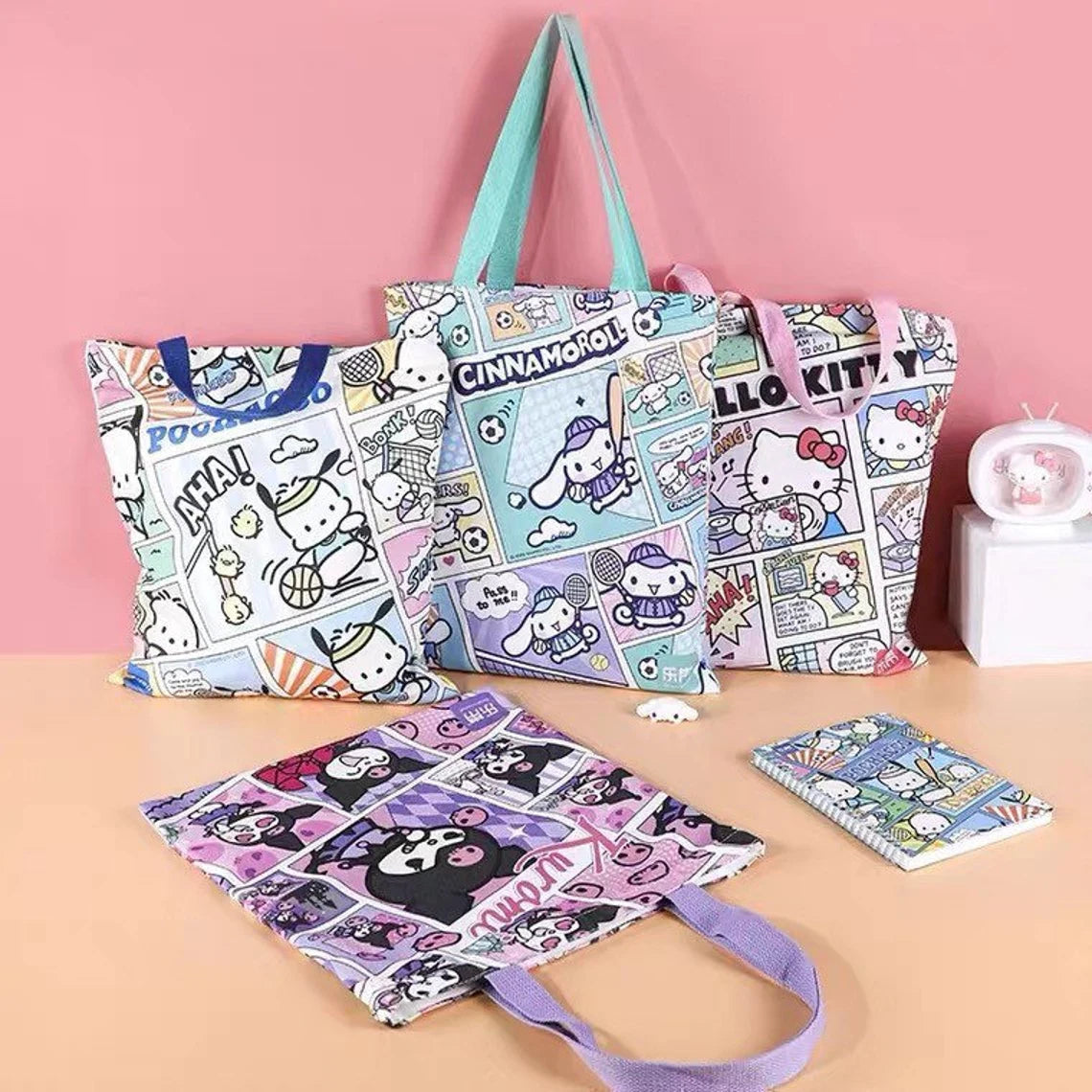 Sanrio Pochacco Sporty Comics Style Tote Bag with Zipper KawaiiGiftLand