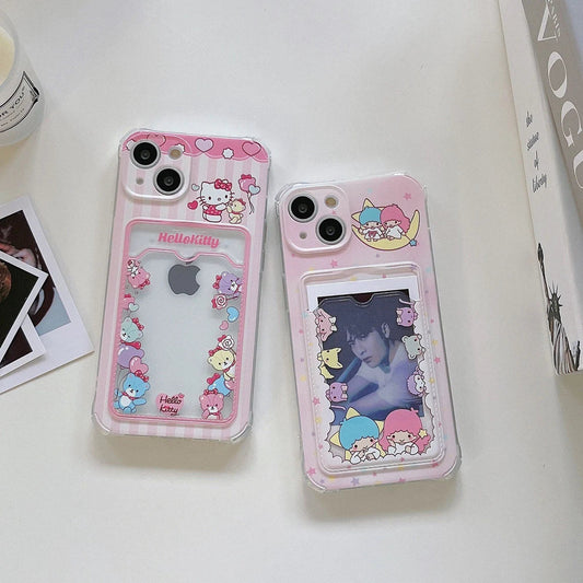 Japanese Cartoon KT with Bears Little Twin Stars with friends Pink Card Photo Holder iPhone Case 7 8 PLUS X 11 12 13 14 15 16 Pro Promax KawaiiGiftLand