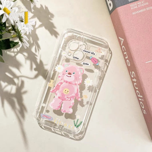 Happy Pink Bear with Flower iPhone Case 6 7 8 PLUS SE2 XS XR X 11 12 13 14 15 Pro Promax KawaiiGiftLand