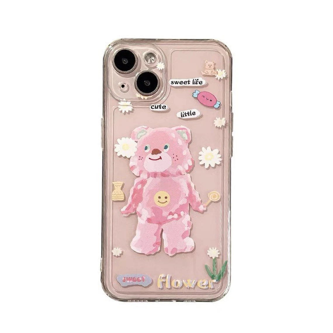 Happy Pink Bear with Flower iPhone Case 6 7 8 PLUS SE2 XS XR X 11 12 13 14 15 Pro Promax KawaiiGiftLand