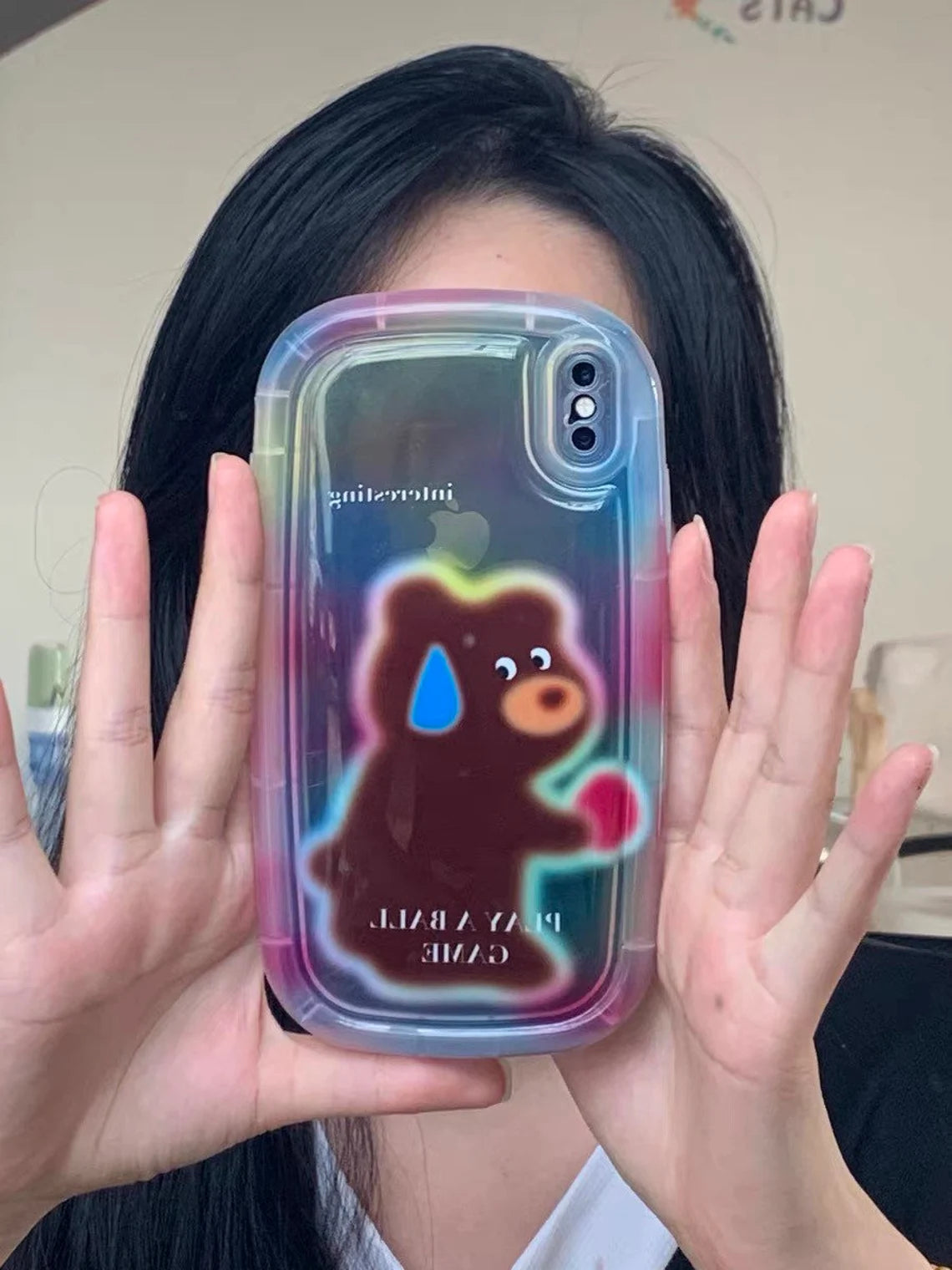 Embarrassed Bear Colourful Background iPhone Case XR X 11 12 13 14 Pro Promax KawaiiGiftLand