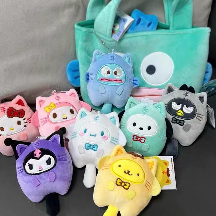 Sanrio Tiger Cat Neko Chan Hello Kitty My Melody Kuromi Cinnamoroll Pompompurin Pochacco Hangyodon Bad Badtz Maru Mini Plush Doll Keychain KawaiiGiftLand