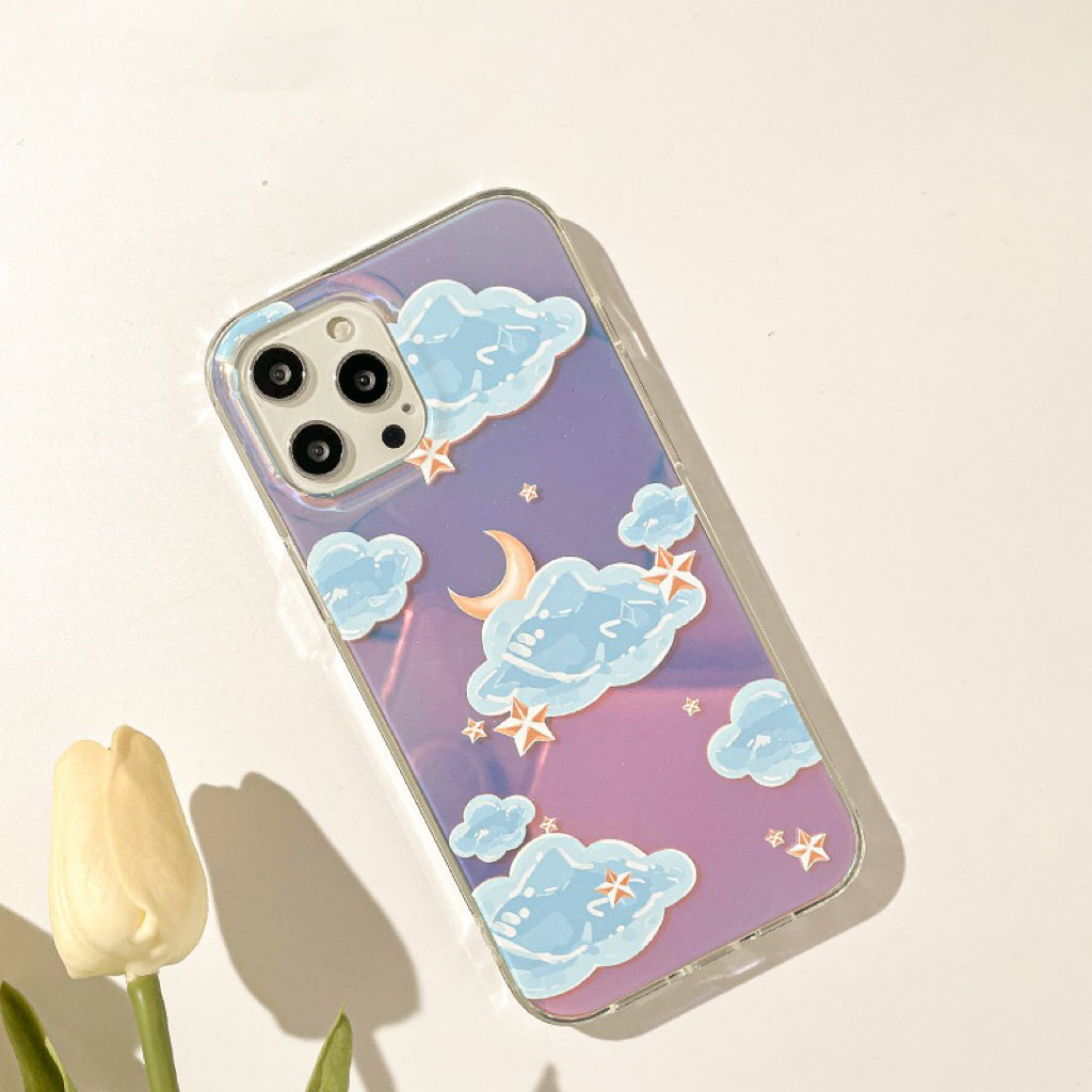 Blue Clouds with Moon & Stars Laser iPhone Case 11 12 13 14 15 Pro Promax KawaiiGiftLand