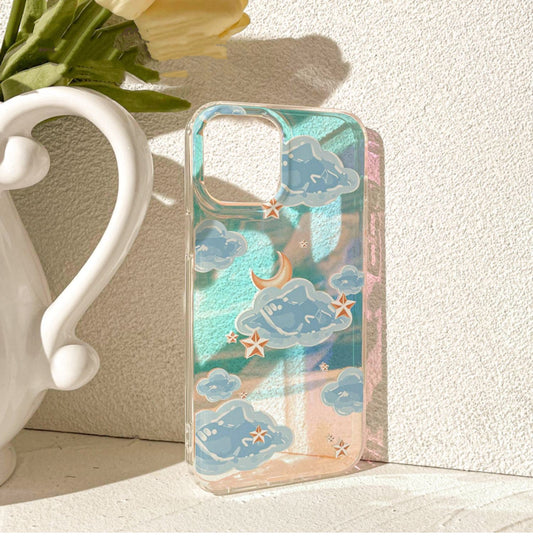 Blue Clouds with Moon & Stars Laser iPhone Case 11 12 13 14 15 Pro Promax KawaiiGiftLand