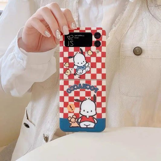 Japanese Cartoon Samsung Galaxy Z Flip 3 4 5 W23 Filp PC Red Checkered & Ice Cream Phone Case Pochacco