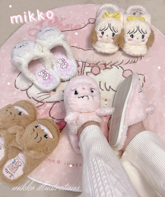 Mikko illustration Fluffy Big Head Fur Slippers Bear Latte Dog Souffie Kitten Mousse Rabbit Cammy KawaiiGiftLand