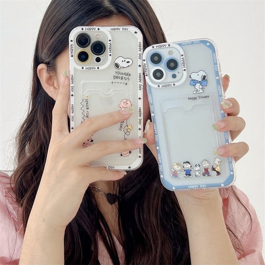 Cartoon Design Cute White Dog and Friends Charlie Sally Linus Blue & White with Friends Card Photo Holder iPhone Case 7 8 PLUS X 11 12 13 14 15 Pro Promax KawaiiGiftLand
