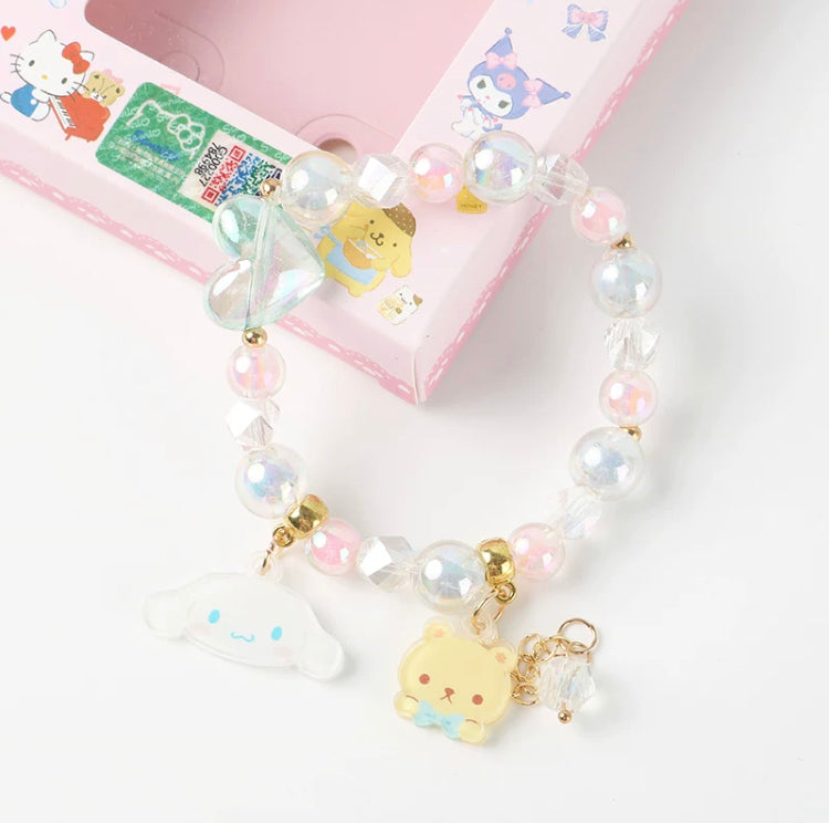 Sanrio Hello Kitty My Melody Kuromi Cinnamoroll Acrylic & Pearl Heart Bracelet KawaiiGiftLand