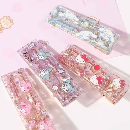 Sanrio Hello Kitty My Melody Kuromi Cinnamoroll Glitter Hair Clips 2 pcs Set KawaiiGiftLand