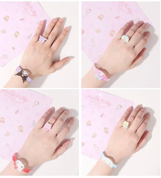 Sanrio Hello Kitty My Melody Kuromi Cinnamoroll Acrylic Sterling Bracelet & Ring Set KawaiiGiftLand