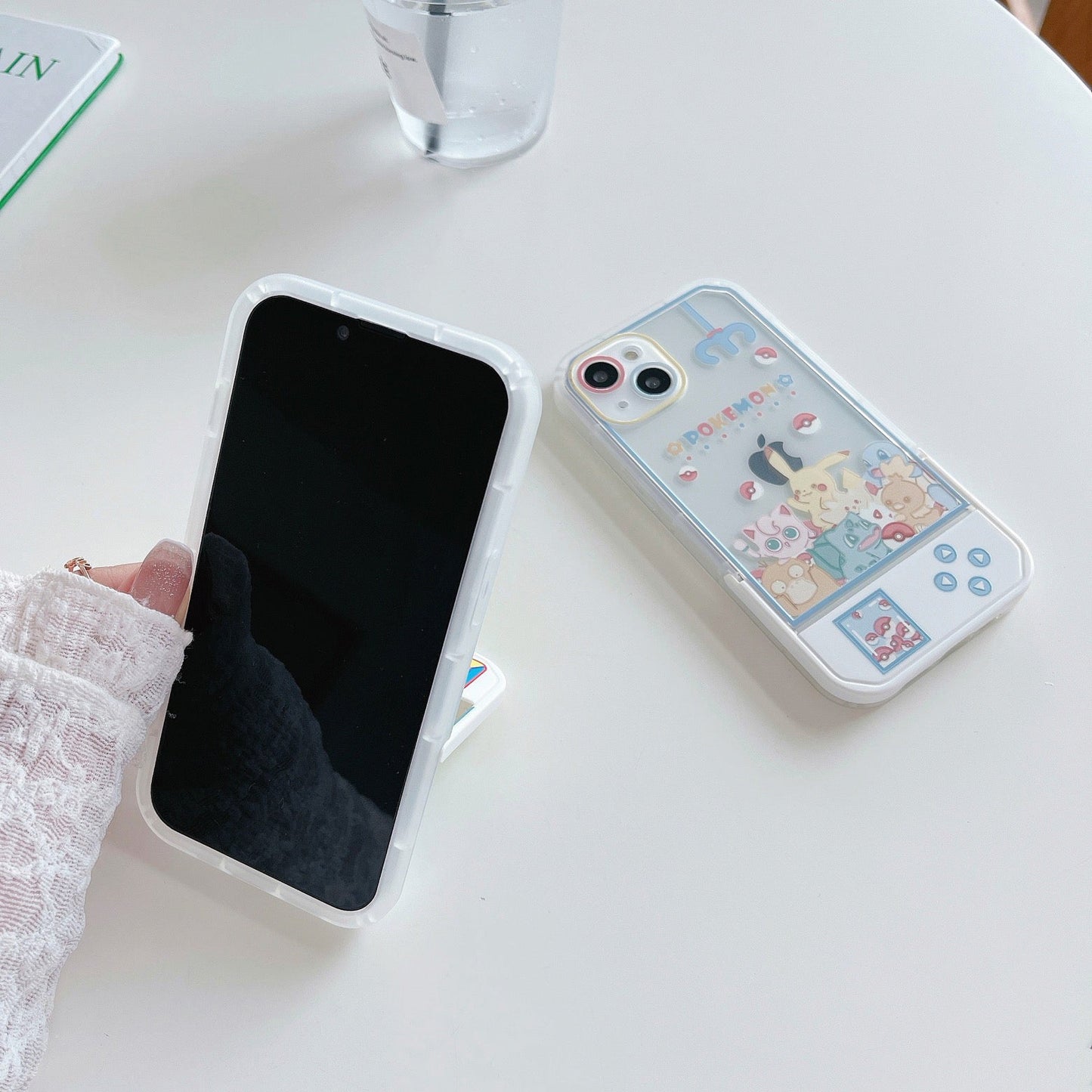 Japanese Cartoon Pastel Pokemon & Green Alien Clip Doll Machine iPhone Case with Stand 16 15 14 13 12 11 XS XR Pro Max Plus KawaiiGiftLand