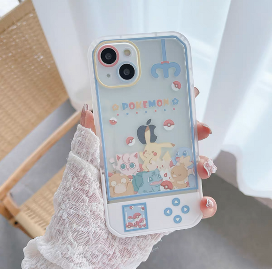 Japanese Cartoon Pastel Pokemon & Green Alien Clip Doll Machine iPhone Case with Stand 16 15 14 13 12 11 XS XR Pro Max Plus KawaiiGiftLand
