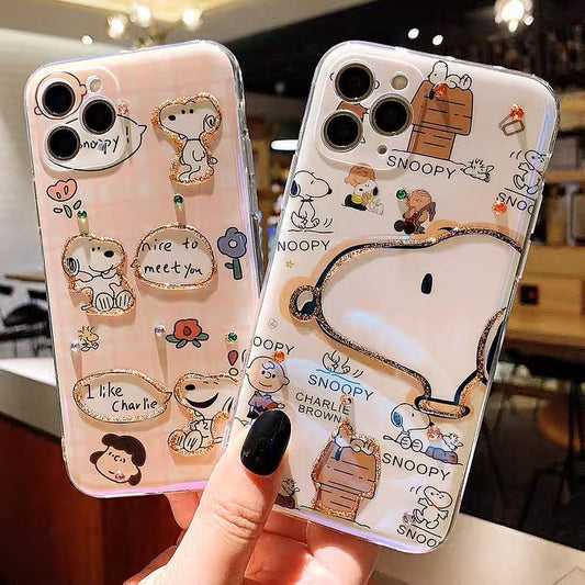 Cartoon Design Cute White Dog and Friends Charlie Sally Linus Blu Ray White & Pink Bling Bling iPhone Case 15 14 13 12 11 XS XR Max Plus mini KawaiiGiftLand