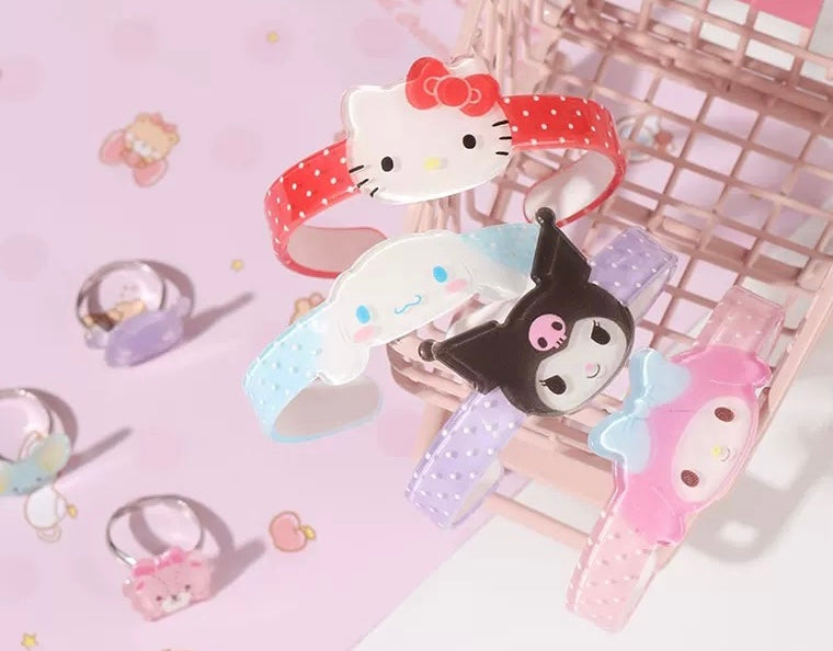 Sanrio Hello Kitty My Melody Kuromi Cinnamoroll Acrylic Sterling Bracelet & Ring Set KawaiiGiftLand