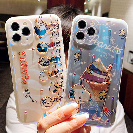 Cartoon Design Cute White Dog and Friends Charlie Sally Linus Blu Ray Line Up & Ice Cream Bling Bling iPhone Case 15 14 13 12 11 XS XR Max Plus mini KawaiiGiftLand