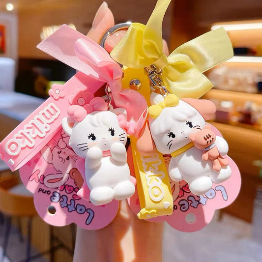 Mikko illustration Ribbon Keychain - Bear Latte Dog Souffie Kitten Mousse Rabbit Cammy KawaiiGiftLand