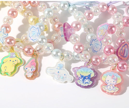 Sanrio Hello Kitty My Melody Kuromi Cinnamoroll Pompompurin Oceam Pearl Hair Tie & Bracelet with Leather Ribbon KawaiiGiftLand