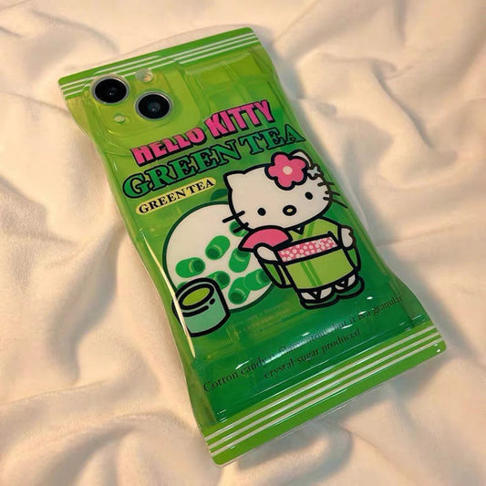 Japanese Cartoon KT Green Tea Snack Packing iPhone Case XS XR X 11 12 13 14 Pro Promax KawaiiGiftLand