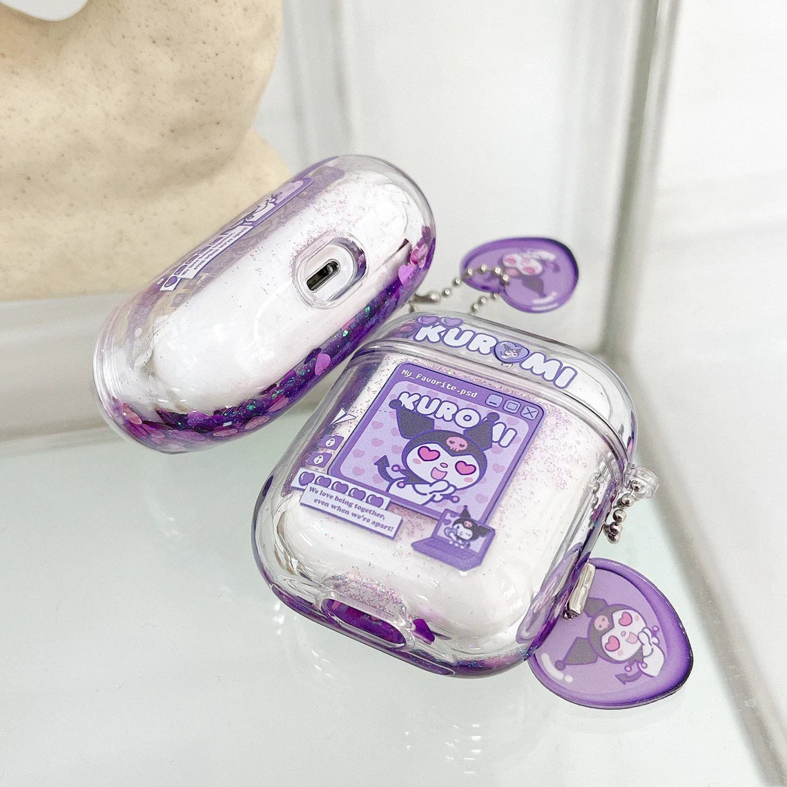 Japanese Cartoon Kuromi with Heart Glitter Purple Bling Bling AirPods AirPodsPro AirPods3 AirPods4 Case KawaiiGiftLand
