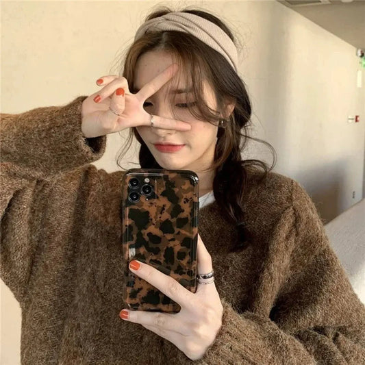 Korea Style Amber Leopard Fashion iPhone Case XS XR X 11 12 13 14 Pro Promax