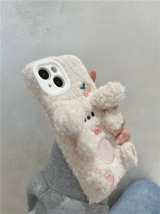 Korea Style Plush Poodle with Cherry Fluffy iPhone Case iPhone 11 12 13 14 Pro Promax KawaiiGiftLand