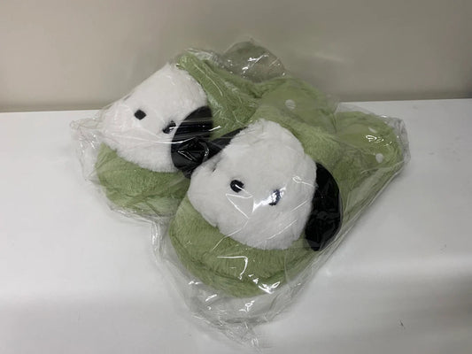 Sanrio Pochacco Green Fluffy Big Head Fur Winter Slippers KawaiiGiftLand