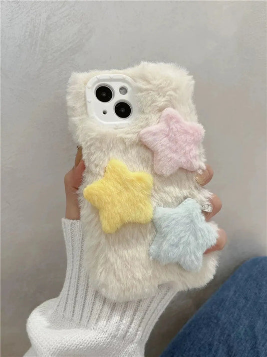 Korea Style Plush Stars Fluffy Yellow Pink Blue iPhone Case iPhone 11 12 13 14 15 Pro Promax